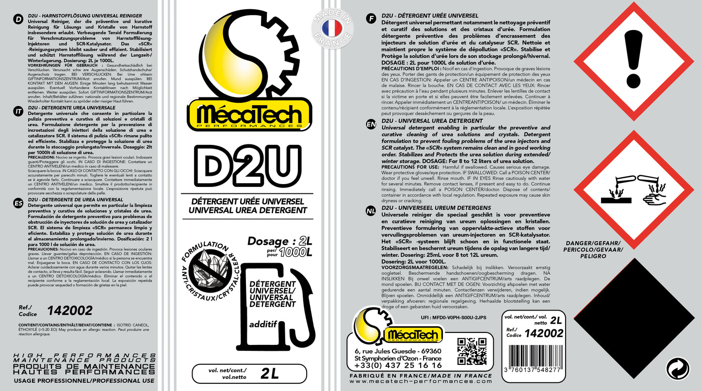 D2U Traitement Détergent Anti-Cristaux Protection & Performance pour le liquide ADBLUE 2L/1000L