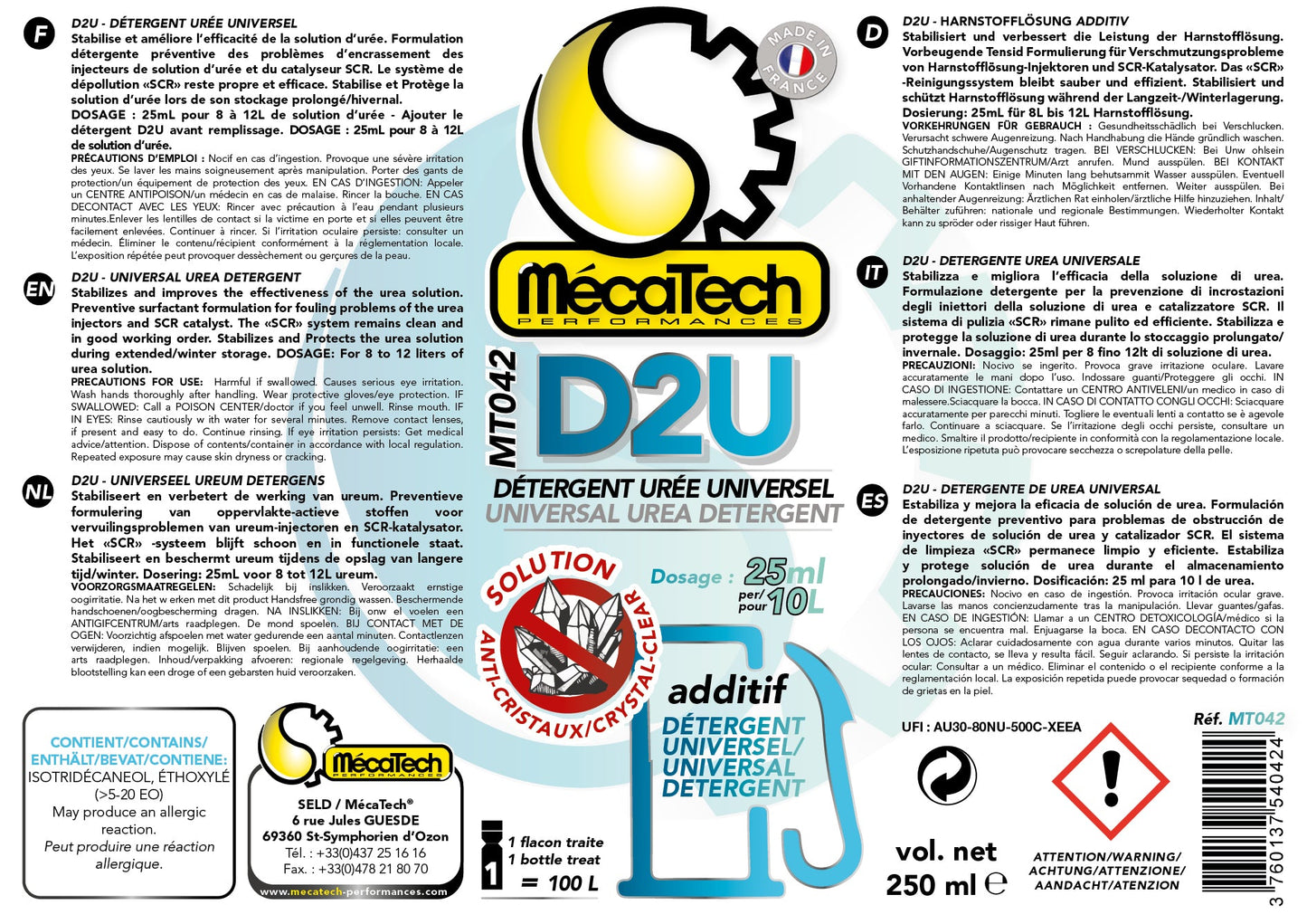 Lot de 6 - D2U Traitement Détergent Anti-Cristaux Protection & Performance pour le liquide ADBLUE Dose de 250 ml