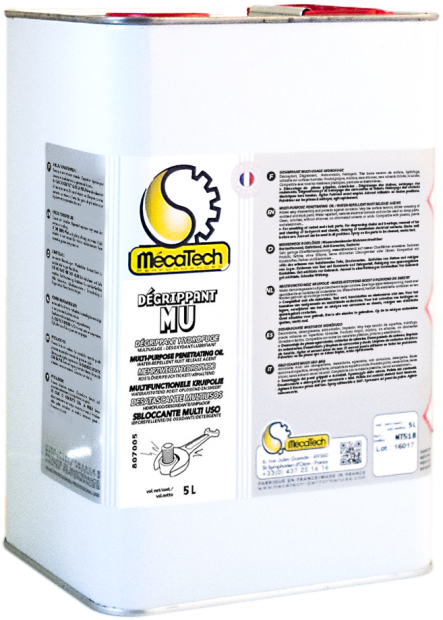 Dégrippant Professionnel Hydrofuge, multiusages, désoxydant, lubrifiant, sans silicone  DEGRIPPANT MU Bidon de 5 litres MECATCH 807005